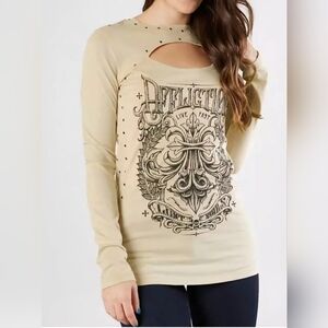 Affliction Womens Size M Beige Studded Corroded Cut Out T-Shirt Rock Festival
